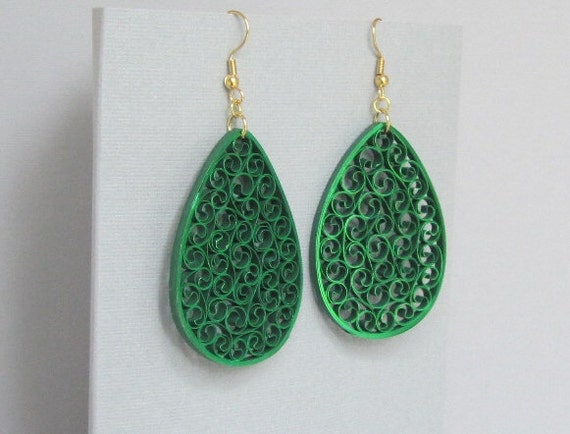 Quilled Earrings Metallic Green On Green Paper Filigree