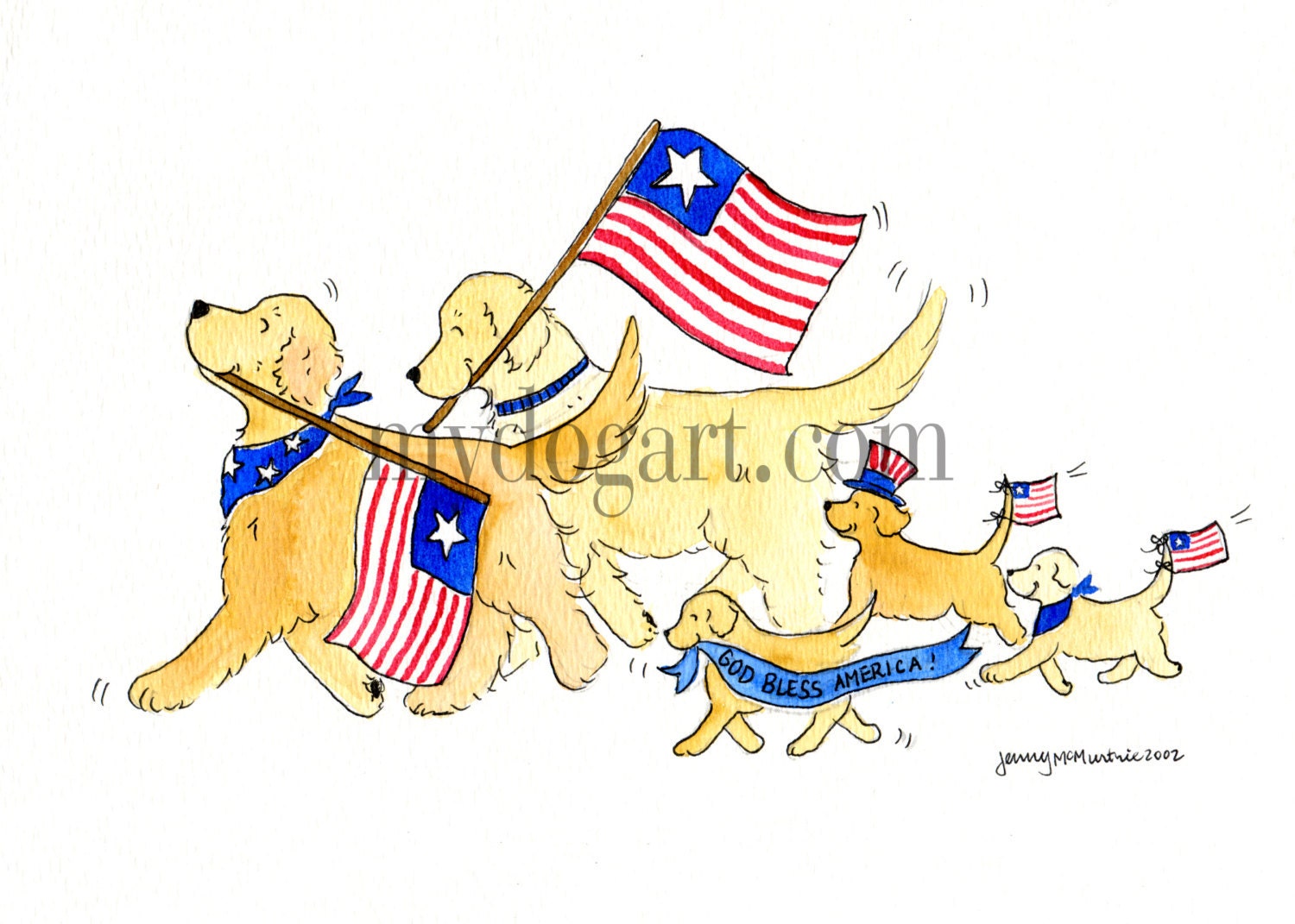 Whimsical Golden Retriever 4th of July print 5x7 by JennysDogArt