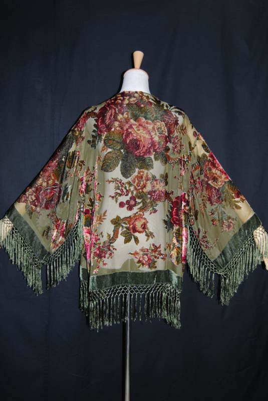 Velvet silk rayon burnout kimono jacket olive green peony
