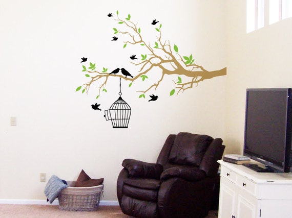 Birdcage In Tree Branch Wall Decal Vinyl By Villagevinepress 