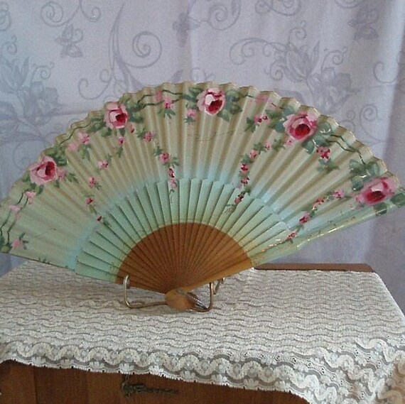 1930s Hand Painted Wooden/Paper Folding Fan Made in Cuba