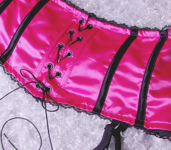 Hot Pink and Black Satin Waist Cincher Garter Belt by TheCatBall
