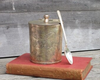 Vintage Silver Engraved Scroll Motif Sugar Bowl with Hinged Lid and Matching Silver Spoon, Treasury Item