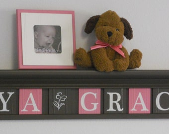 Pink and Chocolate Brown Nursery Decor Letter Shelf with Wooden Name Tiles | Baby Girl Gifts
