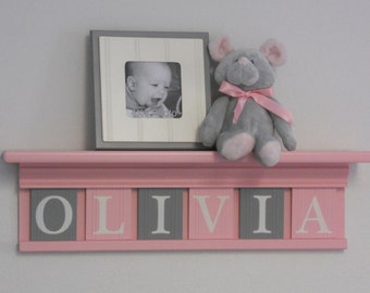 Personalized Children Nursery Decor Shelf with Wooden Block Letters, Tiles Painted Light Pink and Gray
