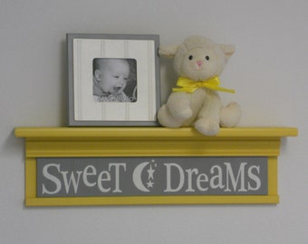 Gray Yellow Nursery - Sweet Dreams on 24" Shelf - Wall Sign - Moon and Star Nursery Wall Art