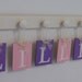 Alphabet Letters Baby Name Sign Custom for LILLIAN with 7 Wooden Pegs Purple and Pink Personalized Nursery Wall Art