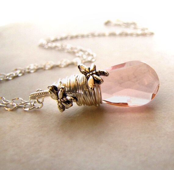 Pink Dragonfly Necklace Vintage Faceted Glass Wire Wrapped
