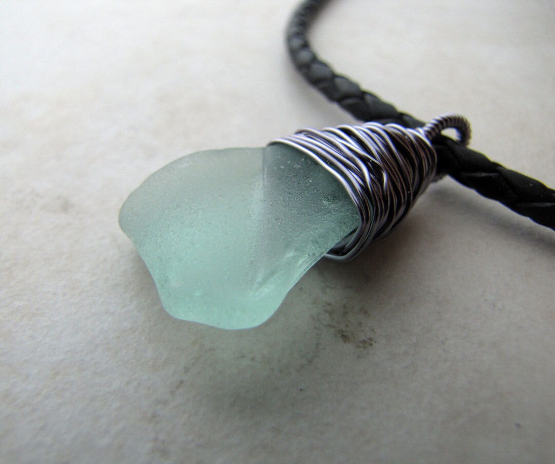 Mens Sea Glass Necklace Seaglass Genuine Sea Glass Aqua