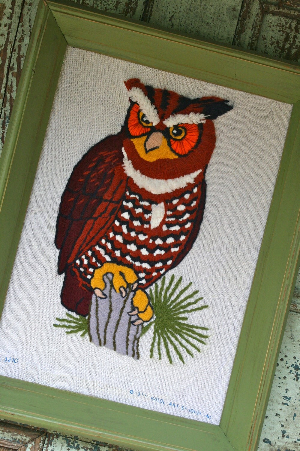 Vintage 70s Owl Crewel Embroidery Wall Art / Picture