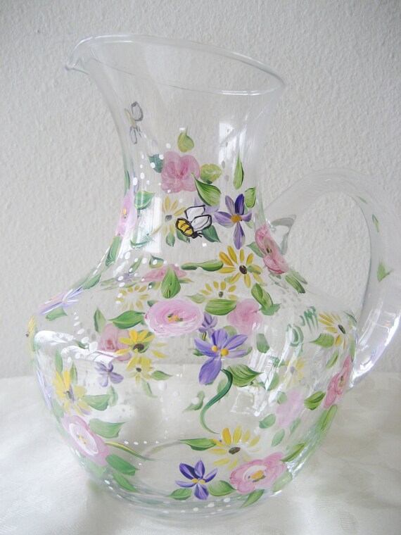 painted glass pitcher with roses and flowers
