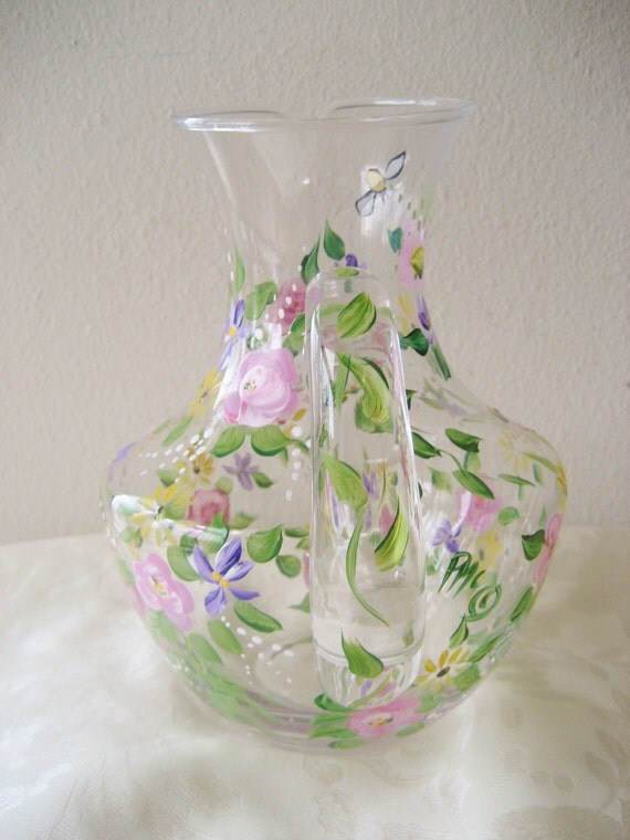 painted glass pitcher with roses and flowers