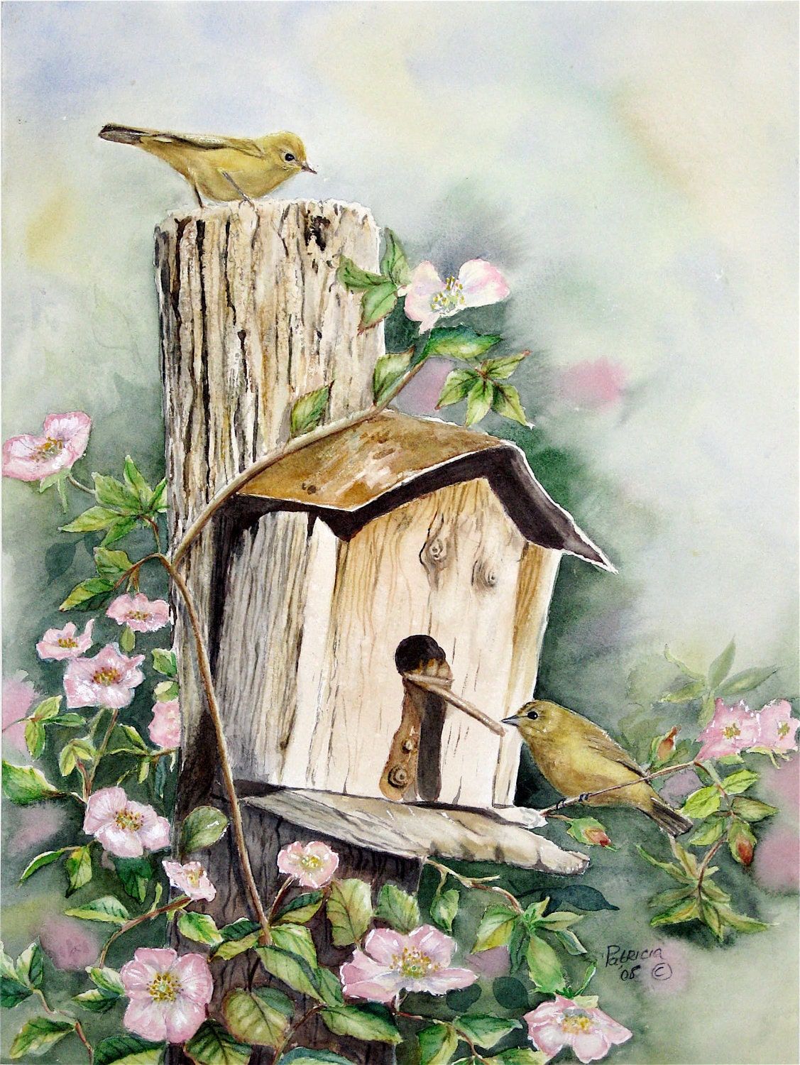 Original watercolor of birdhouse and yellow warblers