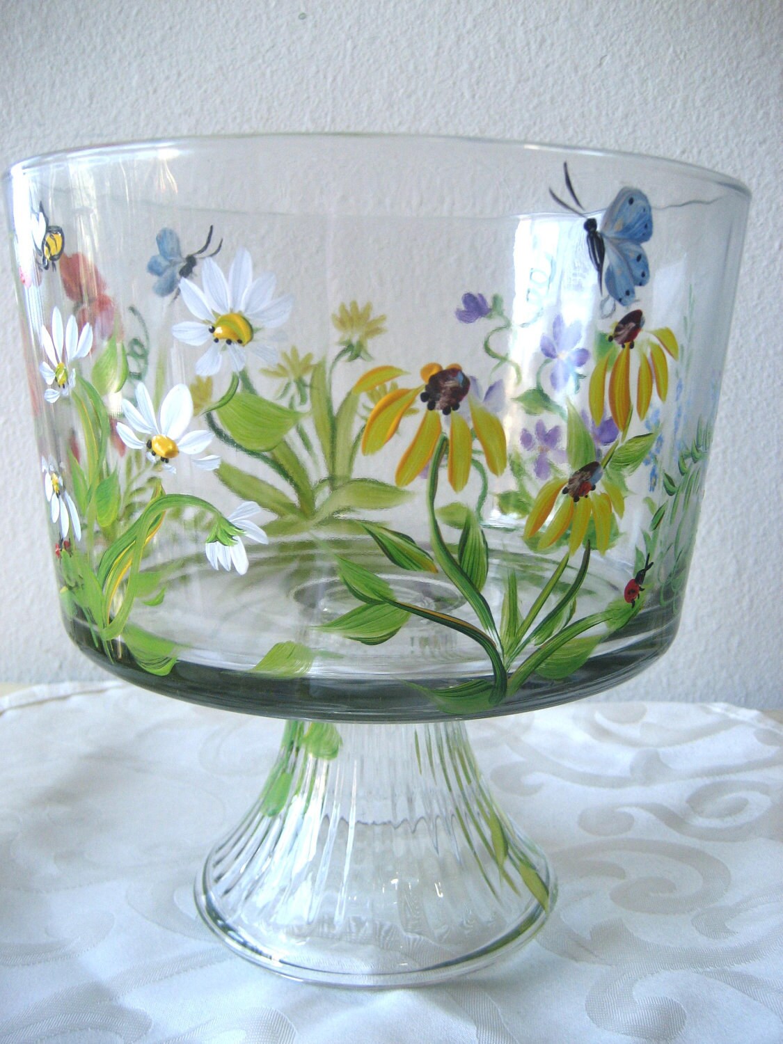 Hand painted glass trifle bowl with wildflower