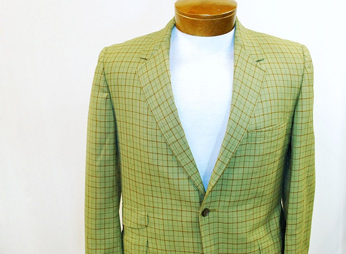 Vintage 50's 60's Green Plaid Mens Sport Coat Blazer