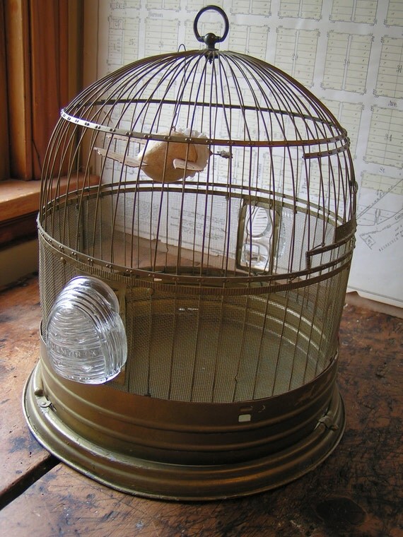 Vintage Round Brass Hendryx Birdcage With Clear Glass Feeders