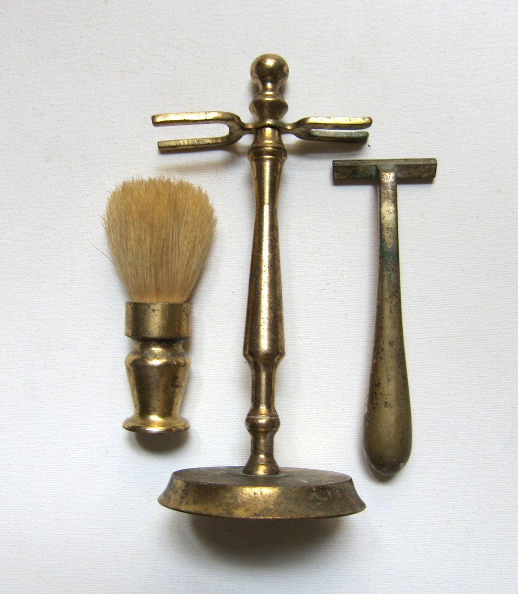 Vintage retro brass bathroom shaving set and stand