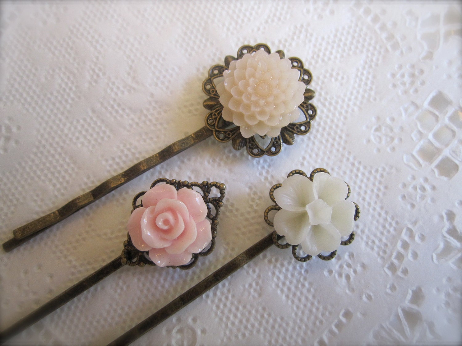 Flowers Hair Pins Pastel Brass Filigree Hair by JoolaDesigns