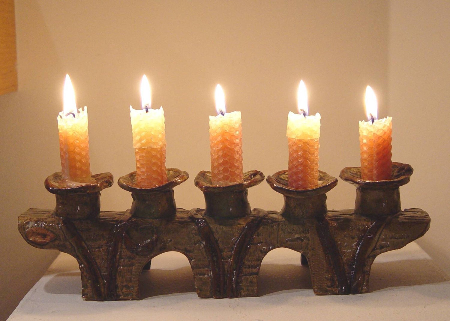 Vintage Pottery 5 Candle HOLDER Handmade Signed Unique