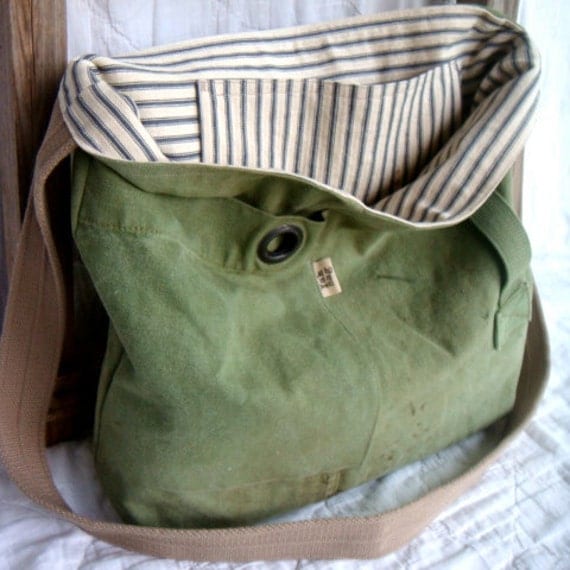 Grommet reconstructed vintage military duffle messenger bag