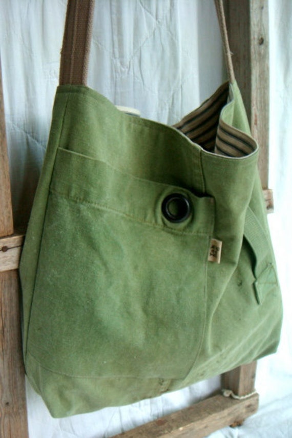 Grommet reconstructed vintage military duffle messenger bag