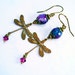 Purple Faceted Fire Agate & Vintaj Brass Dragonfly Earrings w Crystal Charm