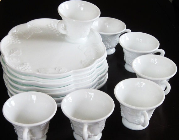 Vintage White Milk Glass Snack Sets Plates with Cups Grapes