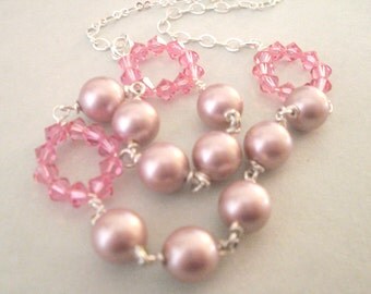 Pink pearl necklace, wire wrapped dusty pink crystal pearls, rose pink Austrian crystal beaded loops, pink pearl jewelry
