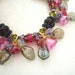 Flower charm bracelet, beaded. Flower drops, wrapped. Crystal, glass. Purple red green brass. "Jewelled Garden." Flower bead jewelry. B70a.