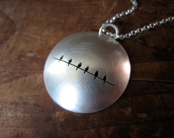 reversible 6 birds on a wire large sterling silver dome necklace