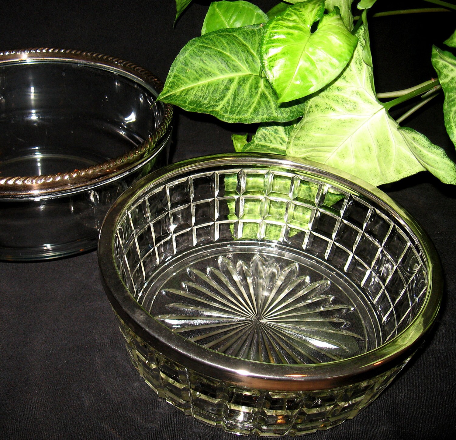 Two Vintage Cut Glass Serving Bowls Silverplate Trim Set of