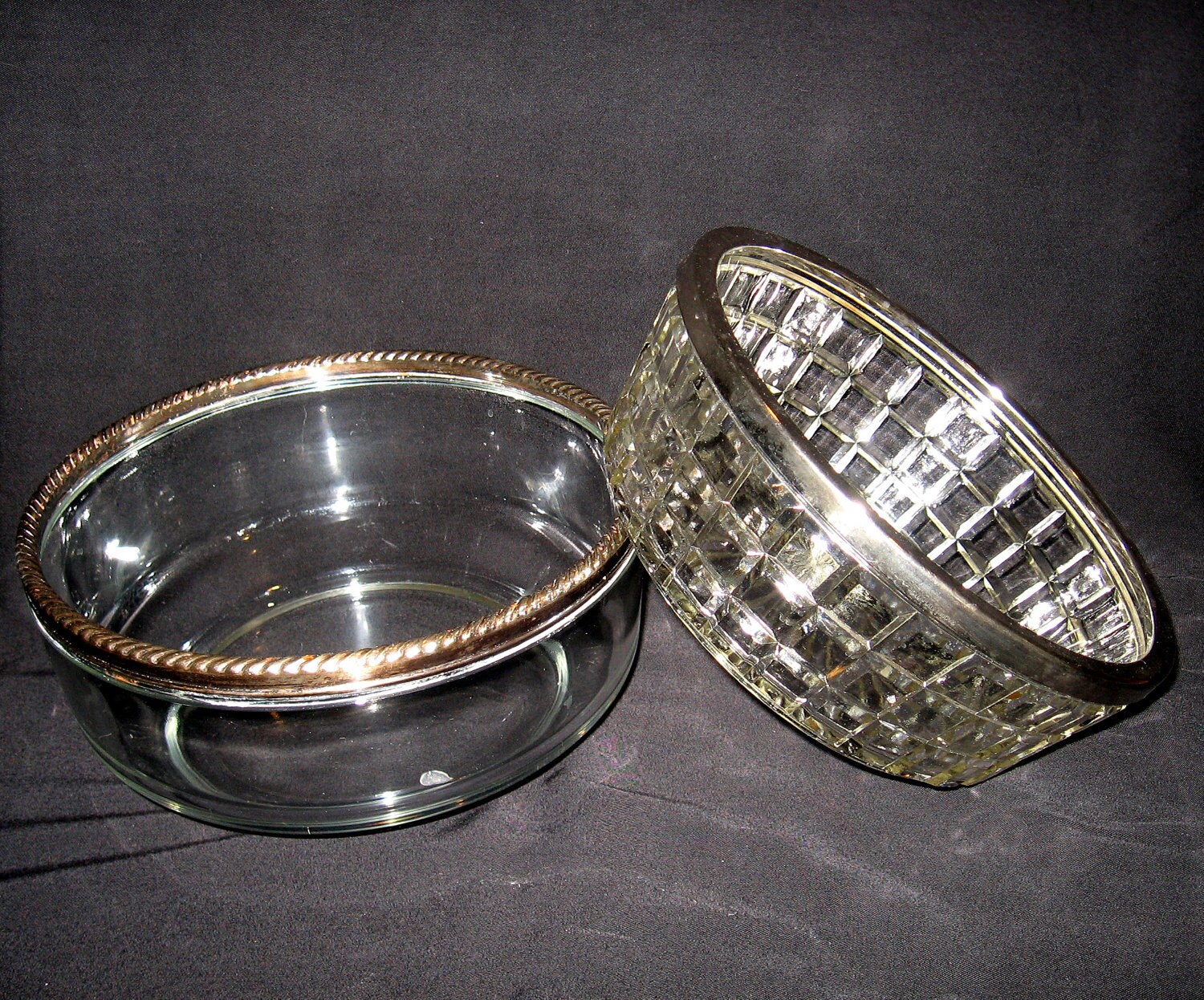 Two Vintage Cut Glass Serving Bowls Silverplate Trim Set of