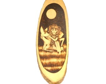 VINTAGE Girl and Deer WOOD BURNING Art