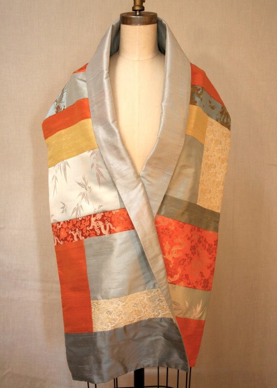 Items similar to Lt. Blue, Orange, and Yellow Brocade and Silk Shantung ...