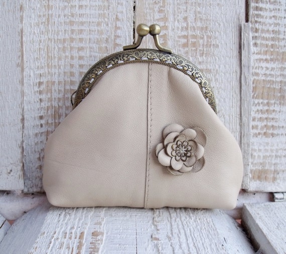 Items similar to Leather coin purse frame purse in ivory color on Etsy