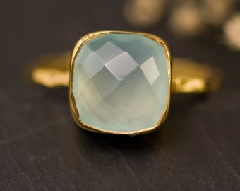 Aqua Blue Chalcedony Ring Gold, Solitaire Ring, Gemstone Ring, Blue Stone Ring, Stacking Ring, Cushion Cut Ring, Birthday Gift, Gift for Her