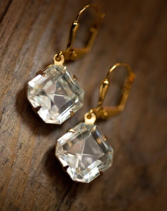 Dangle Earrings Estate Style Vintage Clear Crystal Earrings - Amelia