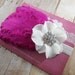 Baby Headband- Limited Quantity- Fuchsia Curled Feathers and Natural White Flower with Rhinestone on Champagne Headband
