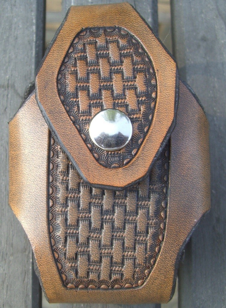 Hand Tooled Leather Cell Phone Case Brown Western Basketweave