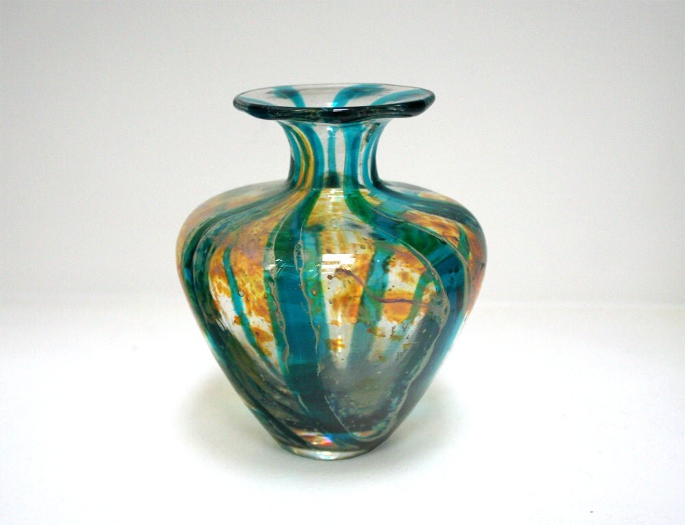 1970s Turquoise and Turtle Shell Art Glass Vase Mdina