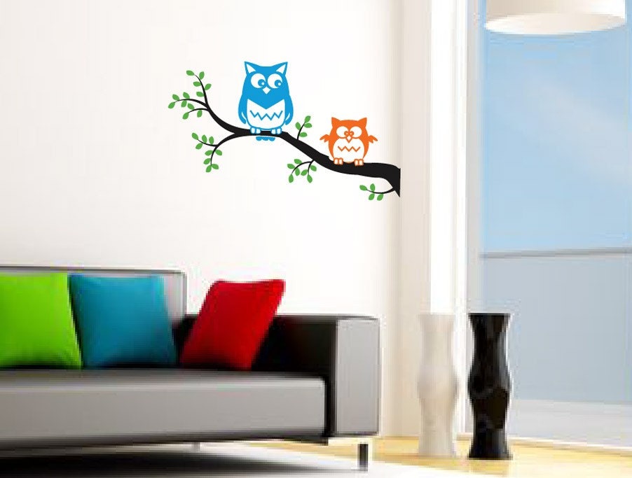 Owl wall decal cute OWLS on a tree branch. Birds nursery