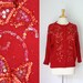 1980s scarlet red butterfly sequin motif embellished long sleeve cardigan button down sweater, size large