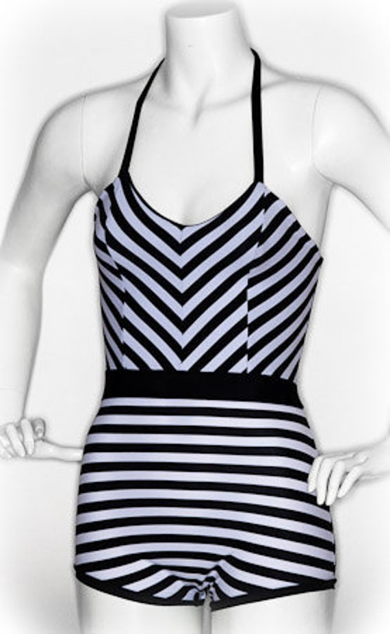 Items similar to Vintage style black and white stripe bathing suit on Etsy