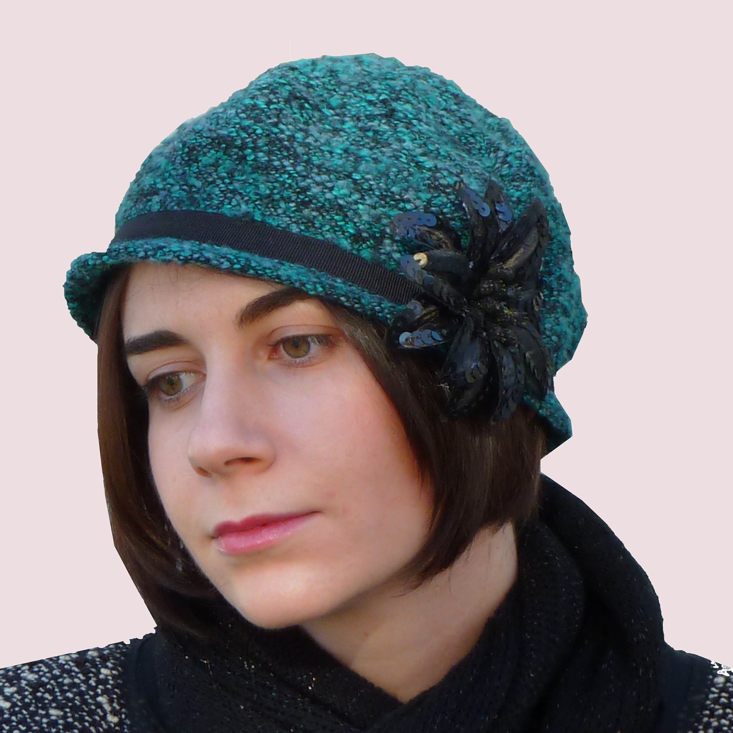 Sea Foam Sailor Beret in Blue and Green Tweed Wool & Mohair