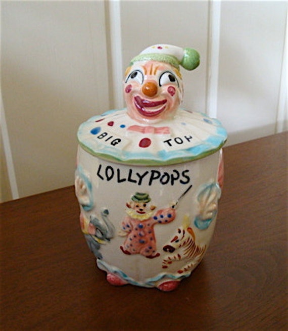 Circus Clown Ceramic Cookie Lollipop Candy Jar 1940s Vintage