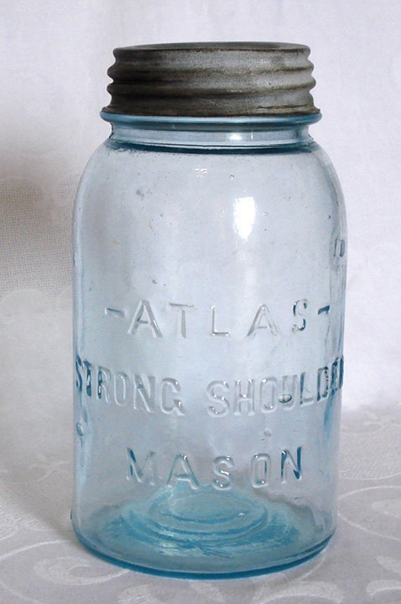 Vintage Blue Glass Atlas Strong Shoulder Mason Jar With Metal