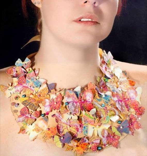 Items similar to Wearable Art Necklace in Gold with Butterflies. on Etsy