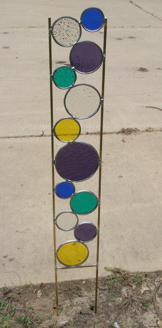 Stained glass garden art stake purple blue yellow green yard