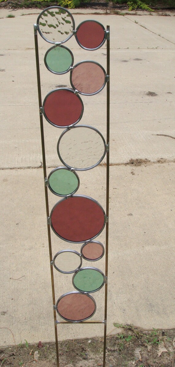 Stained glass garden art stake rose mauve seafoam green yard