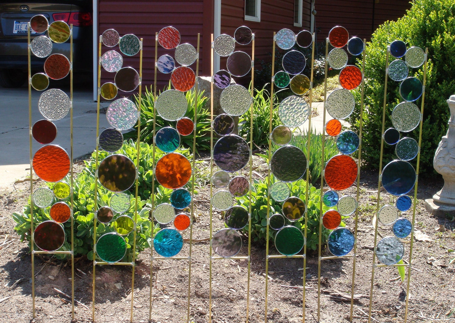 Stained glass garden art stake red yellow orange yard